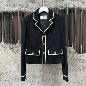Authentic Celine Black Blazer with Gold Buttons and White Trim